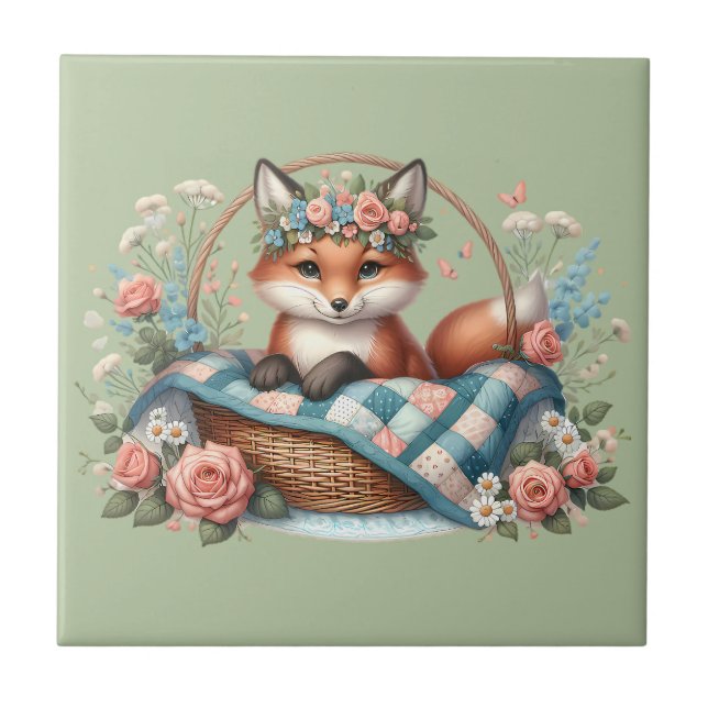 Blommigt Fox i Basket med Quilt & Flowers Kakelplatta (Framsidan)