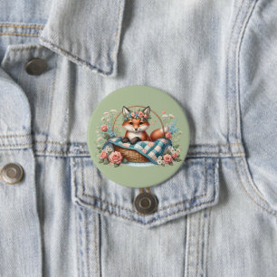 Blommigt Fox i Basket med Quilt & Flowers Knapp