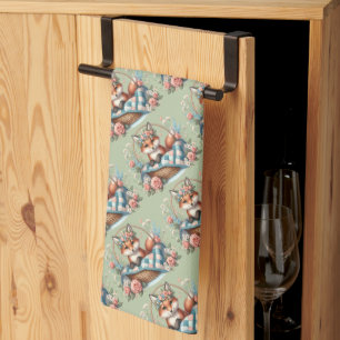 Blommigt Fox i Basket med Quilt & Flowers Kökshandduk