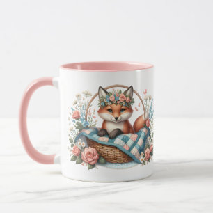 Blommigt Fox i Basket med Quilt & Flowers Mugg