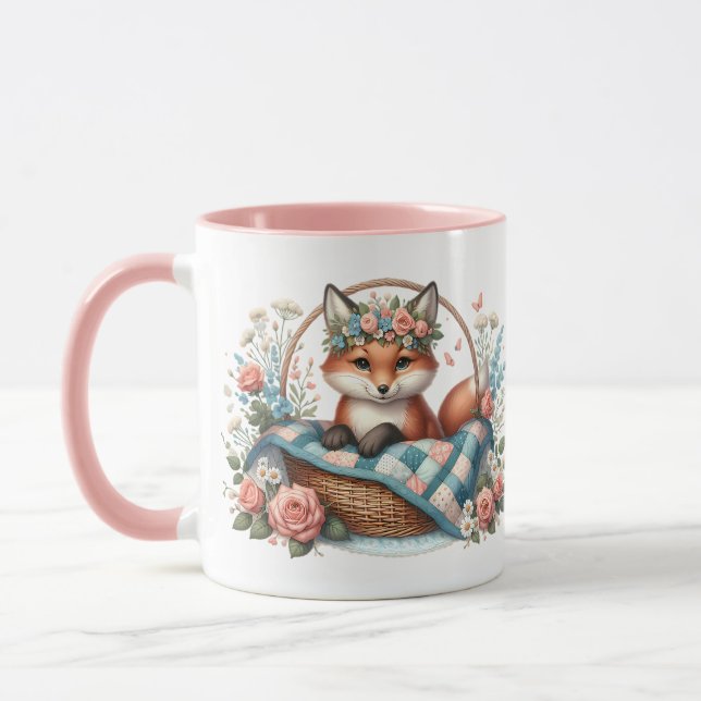 Blommigt Fox i Basket med Quilt & Flowers Mugg (Vänster)