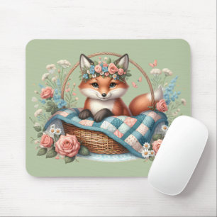Blommigt Fox i Basket med Quilt & Flowers Musmatta