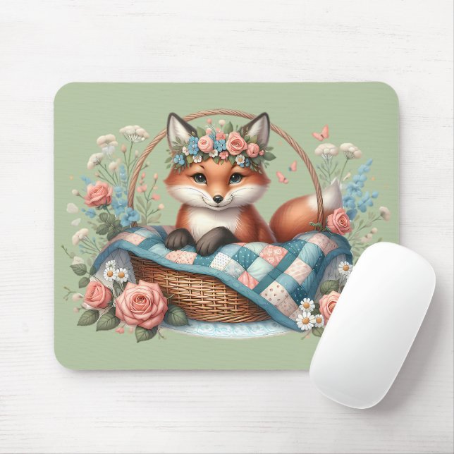 Blommigt Fox i Basket med Quilt & Flowers Musmatta (Med mus)