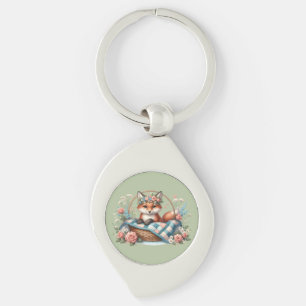 Blommigt Fox i Basket med Quilt & Flowers Swirl Silverfärgad Nyckelring
