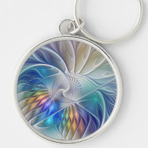 Blommigt Fractal Art, Färg Abstrakt Flower Rund Silverfärgad Nyckelring