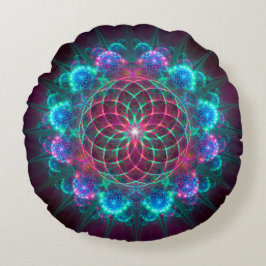 Blommigt Fractal blue ornament Rund Kudde