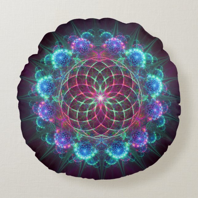 Blommigt Fractal blue ornament Rund Kudde (Framsidan)