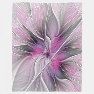 Blommigt Fractal Modern Abstrakt Flower Rosa Grått Fleecefilt