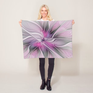 Blommigt Fractal Modern Abstrakt Flower Rosa Grått Fleecefilt