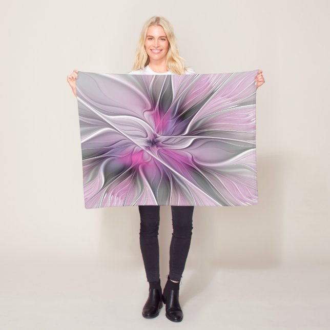 Blommigt Fractal Modern Abstrakt Flower Rosa Grått Fleecefilt (På plats)