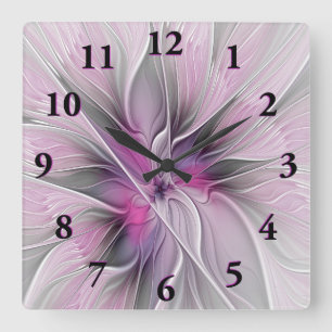 Blommigt Fractal Modern Abstrakt Flower Rosa Grått Fyrkantig Klocka
