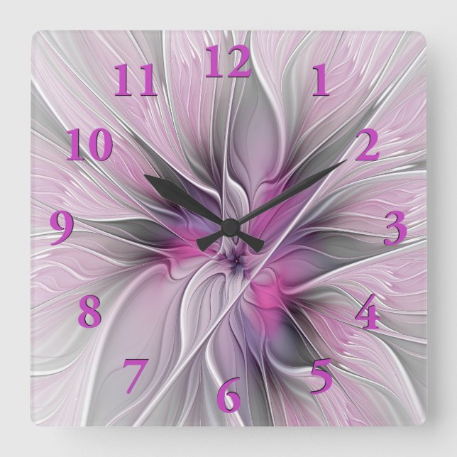 Blommigt Fractal Modern Abstrakt Flower Rosa Grått Fyrkantig Klocka (Framsida)