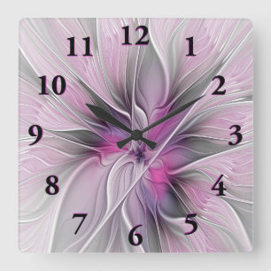 Blommigt Fractal Modern Abstrakt Flower Rosa Grått Fyrkantig Klocka