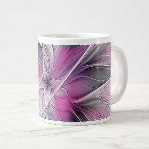 Blommigt Fractal Modern Abstrakt Flower Rosa Grått Jumbo Mugg