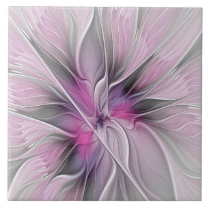 Blommigt Fractal Modern Abstrakt Flower Rosa Grått Kakelplatta