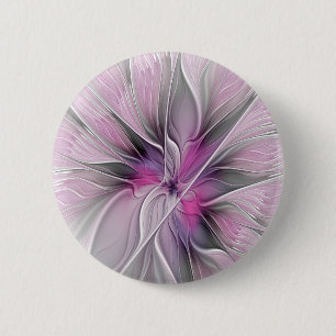 Blommigt Fractal Modern Abstrakt Flower Rosa Grått Knapp