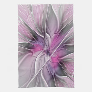 Blommigt Fractal Modern Abstrakt Flower Rosa Grått Kökshandduk