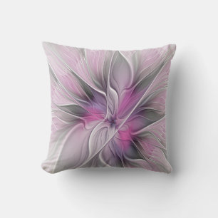 Blommigt Fractal Modern Abstrakt Flower Rosa Grått Kudde