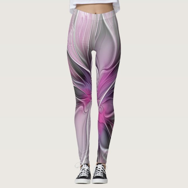 Blommigt Fractal Modern Abstrakt Flower Rosa Grått Leggings (Framsida)