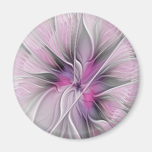 Blommigt Fractal Modern Abstrakt Flower Rosa Grått Magnet