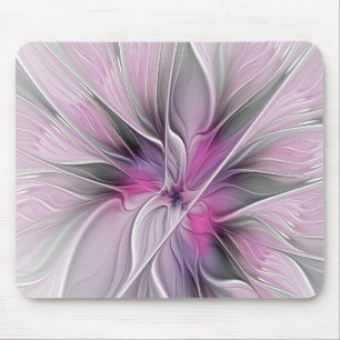 Blommigt Fractal Modern Abstrakt Flower Rosa Grått Musmatta