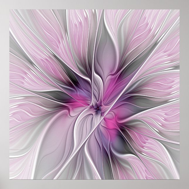 Blommigt Fractal Modern Abstrakt Flower Rosa Grått Poster (Framsidan)