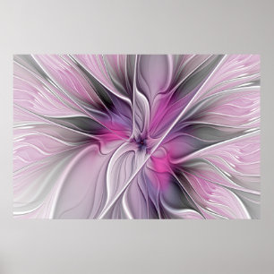 Blommigt Fractal Modern Abstrakt Flower Rosa Grått Poster