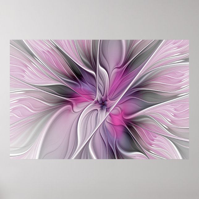 Blommigt Fractal Modern Abstrakt Flower Rosa Grått Poster (Framsidan)