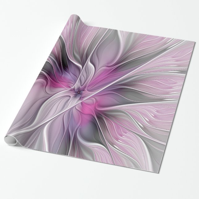 Blommigt Fractal Modern Abstrakt Flower Rosa Grått Presentpapper (Utrullad)