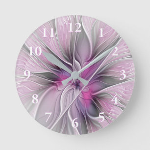 Blommigt Fractal Modern Abstrakt Flower Rosa Grått Rund Klocka