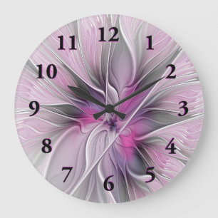 Blommigt Fractal Modern Abstrakt Flower Rosa Grått Stor Klocka