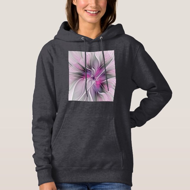 Blommigt Fractal Modern Abstrakt Flower Rosa Grått T Shirt (Framsida)