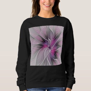 Blommigt Fractal Modern Abstrakt Flower Rosa Grått T Shirt