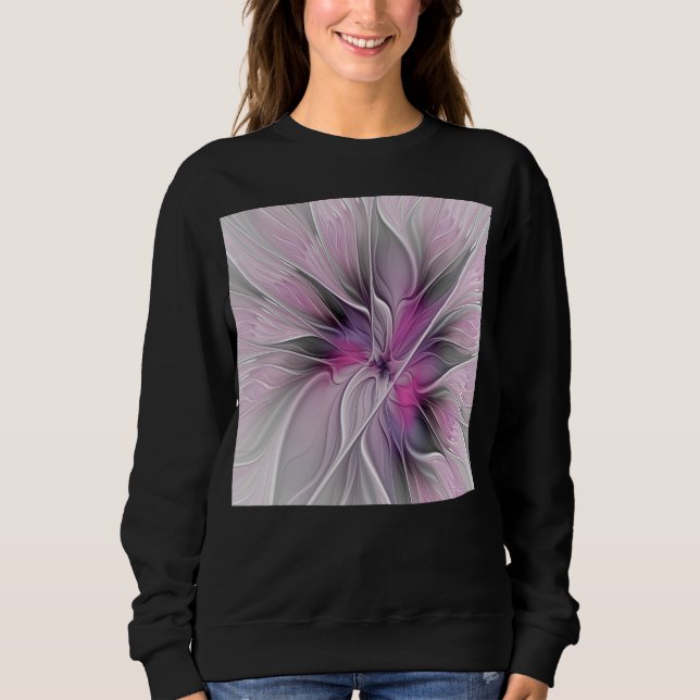 Blommigt Fractal Modern Abstrakt Flower Rosa Grått T Shirt (Framsida)