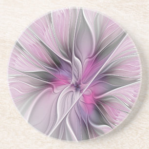 Blommigt Fractal Modern Abstrakt Flower Rosa Grått Underlägg