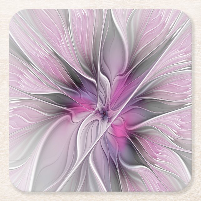 Blommigt Fractal Modern Abstrakt Flower Rosa Grått Underlägg Papper Kvadrat (Framsidan)