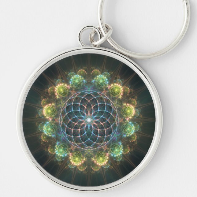 Blommigt fraktal ornament rund silverfärgad nyckelring (Framsidan)
