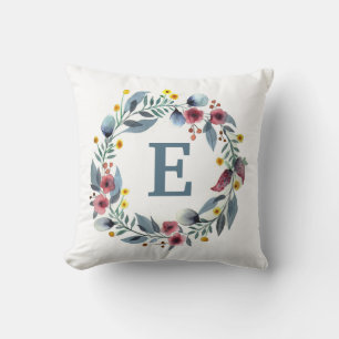 Blommigt Framed Monogram i Grått Rosa Dekorativ ku Kudde