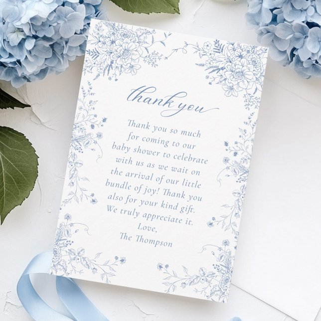 Blommigt Fransk Blue Baby Shower Tack Kort (Skapare uppladdad)
