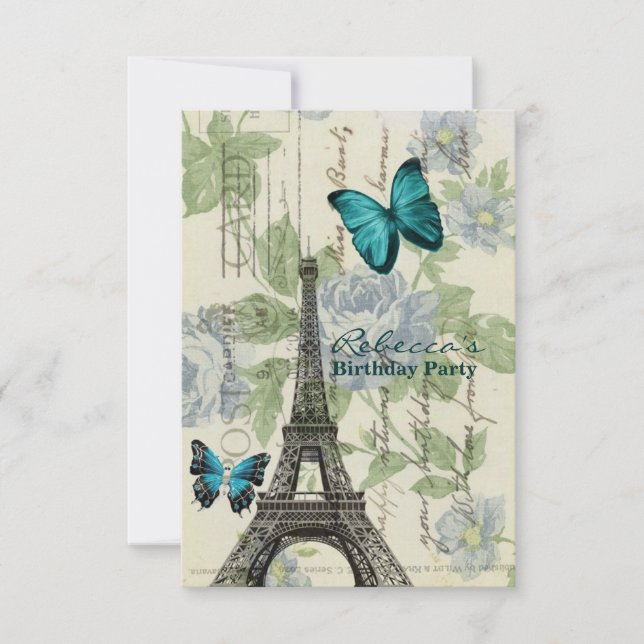 blommigt fransk Eiffel Torn Parisian födelsedagsfe Inbjudningar (Framsida)