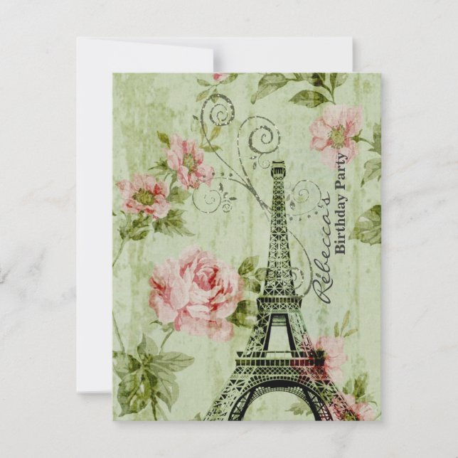 blommigt fransk Eiffel Torn Parisian födelsedagsfe Inbjudningar (Framsida)