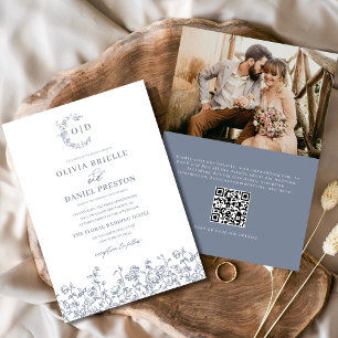 Blommigt Fransk Monogram Photo Dusty Blue Bröllop Inbjudningar