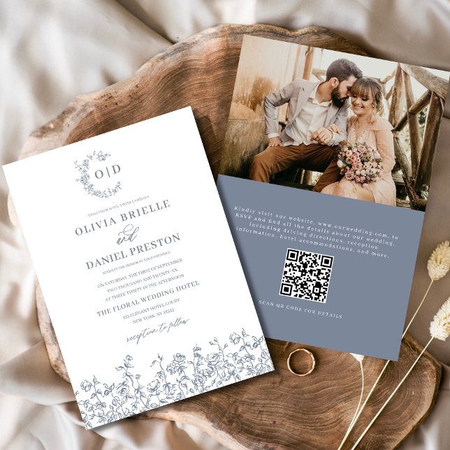 Blommigt Fransk Monogram Photo Dusty Blue Bröllop Inbjudningar (Skapare uppladdad)