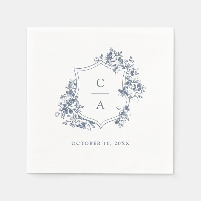 Blommigt Fransk Ro Bröllop Vapensköld Dusty Blue Pappersservett (Framsidan)