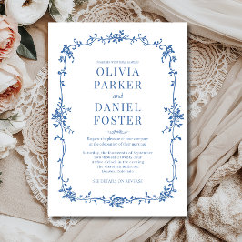 Blommigt Fransk Viktorian Royal Blue Bröllop Inbjudningar
