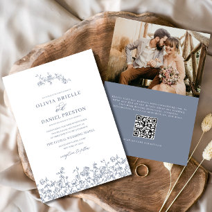 Blommigt Fransk Vintage Foto Dusty Blue Bröllop Inbjudningar