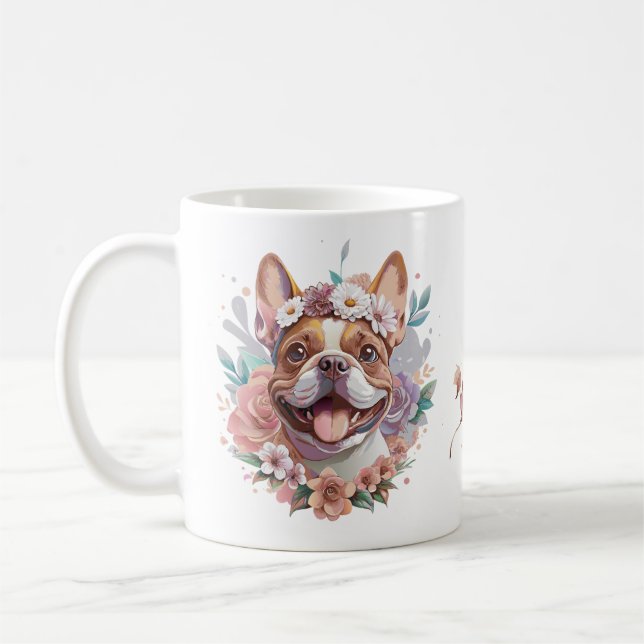 Blommigt Frenchie söt blommigt Huvud Vattenfärg Kaffemugg (Vänster)
