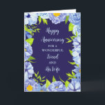Blommigt Friend och hans helgdag Kort<br><div class="desc">Lycklig bröllop-jubileumskort för vän och hans fru med vackra vintage blå vattenfärgblommor och sentimentala versum.</div>