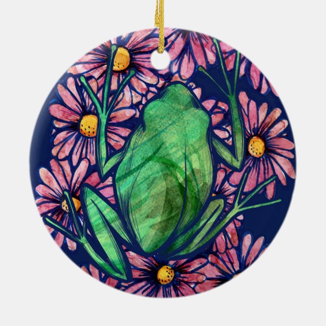Blommigt Froggy Grönt träd Frog Art Daisy Julgransprydnad Keramik (Baksidan)