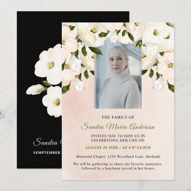 Blommigt Funeral Memorial Photo Firande i livet Tack Kort (Fram/baksida)